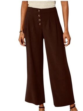 LOFT Brown Pants Wide-Leg High-Waist Size 12P Button Front Palazzo 23" Inseam